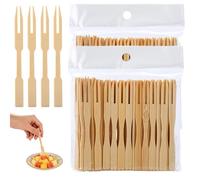 200 pcs Pique Aperitif en Bambou,Fourchette des Frites en Bois,Naturel Vaisselle Couverts Jetables Brochette à Deux Dents Cure Dent,Fourchettes à Cocktail pour Gâteau Salade Nourriture Fête