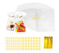200 PCS Sachets Plastique Transparents, 20x15cm Sachet Transparent Bonbon, Petit Sachet Plastique avec 200 Rubans or et 10 Rond Autocollant, Pour Mariage, Parties, Boutique de Desserts