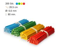 200 pcs Set multicolore de bougies en cire d'abeille 4 couleurs N60 20,5 cm : jaune, vert,rouge, bleu