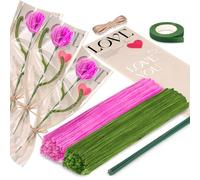 200 Pièces Fil Chenille Cure Pipe à Bricoler Rose et Vert Pipe Cleaner Flower Set avec Fil de Bricolage Vert, Ruban Cadeau, Ruban Adhésif et Papier à Bouquet pour Bouquet DIY Décoration