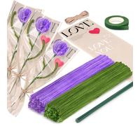 200 Pièces Fil Chenille Cure Pipe à Bricoler Violet et Vert Pipe Cleaner Flower Set avec Fil de Bricolage Vert, Ruban Cadeau, Ruban Adhésif et Papier à Bouquet pour Bouquet DIY Décoration