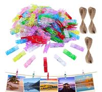 200 Pièces Mini Pinces À Linge Transparentes,Coloré Petites Pinces À Linge Transparentes,25 Mm,Corde De Chanvre Gratuite 1,5 Mm*10 M,3 Rouleaux