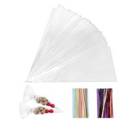 200 Pièces Sachet Bonbon, 25x13cm Sachet Plastique Transparent Sacs Cellophane avec 200 Rubans Métalliques Pour Bonbons, Biscuits, Pain, Fruits, Etc. Parfaits Pour Les Fêtes De Cadeaux