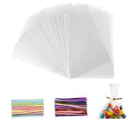 200 Pièces Sachet Bonbon, 25x15 cm Sachet Plastique Transparent Sacs Cellophane avec 200 Rubans Métalliques Pour Bonbons, Biscuits, Pain, Fruits, Etc. Parfaits Pour Les Fêtes De Cadeaux