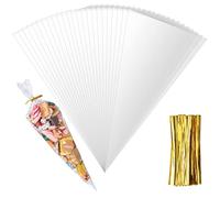 200 Pièces Sachets Transparents en Cellophane avec Liens Torsadés, Cône Bonbons Pochette pour Pâtisserie, Biscuits, Emballage