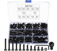 200 pièces Vis à tête creuse M6 noires, vis à boulons de câble à tête, jeu d'acier allié avec écrou, avec rondelles et 2 clés