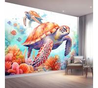 200 x 140 cm Papier Peint intissé Coloré Aquarelle Coraux Tortues Poissons Papier Peint Panoramique Moderne, Mural Photo pour Salon, Chambre, Décor Fond TV