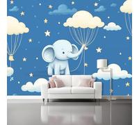 200 x 140 cm Papier Peint Intissé Panoramique - Bleu blanc Revêtement Mural Décoratif pour Salon Chambre Cuisine Fond TV, Dessin animé Mignon Montgolfière Éléphant Imprimé Haute Qualité
