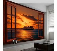 200 x 140 cm Papier peint panoramique - Affiche murale Vue Coucher Soleil Par L'Extérieur Cadre Fenêtre, papier peint intissé Couleur Orange personnalisé 3D, décoration murale pour chambre d'enfant