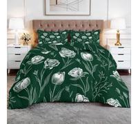200 x 200 cm Couette Imprimée sans Housse Peinture À L'Encre Roses Blanches Et Tulipes Couette 4 Saisons Lavable, Douce Léger et Chaud, Édredon Réversible Motif pour Grand Lit et Couple, Vert Foncé