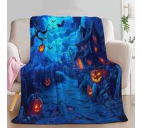 200 x 200 cm Couvertures en Flanelle Bleu, Halloween Maison Hantée Citrouilles Chauves-Souris Couverture en Flanelle Polaire imprimée Ultra Douce Premium Jeté de Canapé Convient pour Adultes