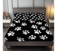 200 x 200 cm Drap Housse Microfibre, Animaux Empreintes Pattes Simplicité Imprimé Parure De Lit Doux Élastique Drap Housse 30 cm Profonde pour Matelas Epais - Convient à Toutes Les Saisons, Noir