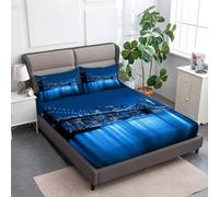 200 x 200 cm Drap Housse Microfibre, Scène Nocturne De New York Imprimé Parure De Lit Doux Élastique Drap Housse 30 cm Profonde pour Matelas Epais - sans Plis - Convient à Toutes Les Saisons, Bleu