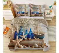 200 x 200 cm Housse de Couette 2 Personnes avec 2 Taies d'oreiller 65x65 cm, Parure de Lit en Microfibre avec Fermeture Beige Et Bleu, Anniversaire Réaliste Nautique Étagères Filet De Pêche