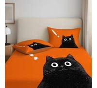 200 x 200 x 30 cm Illustration Chat Noir ! Adorable Drap Housse de Matelas, Feuille de Matelas 30 cm (12"), Antidérapants Résistant aux Rides Drap Housse en Microfibre Orange