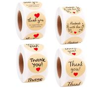 2000 Pièces Autocollants Merci, 4 Rouleaux x 500 Étiquettes Rondes Adhésives (2,5 cm), Papier Kraft Thank You Stickers Remerciement pour Mariage, Anniversaire, Emballage, Cadeaux et Enveloppes