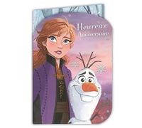 200003 Carte Anniversaire avec Autocollants Disney Frozen 2 La Reine des neiges Elsa Princesse Anna montagnard Kristoff renne Sven bonhomme de neige Olaf - Avec Enveloppe violette 12x17,5cm