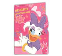 200004!DAISY! Carte Anniversaire avec Autocollants Disney Junior Daisy Duck Minnie Mouse Chat Figaro Oiseau Canari Frankie - Avec Enveloppe rose violette 12x17,5cm