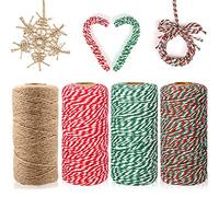 200M Ficelle Cadeau Decorative Cordes De Jute Et Ficelle De d'emballage Coton Bakers Twine Rouleaux, 2mm Ficelle Rouge et Blanche Vert pour Noël Mariage Saint Valentin Anniversaire Emballage Cadeaux