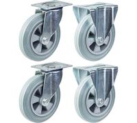 200mm 8" castor grey rubber tyre swivel & fixed strong 820kg capacity, set of 4