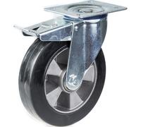 200mm swivel/brake castor with black elastic rubber on aluminium centre wheel