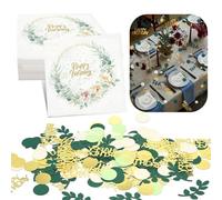 200PCS Confettis Anniversaire + 40pcs 33 x 33 cm Serviette Anniversaire Sauge Vert Eucalyptus Serviettes Décoration confettis de table dorée pour Fête Parfaite Déco de Table Mariage Célébration