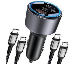 200W Car Charger, USB C Car Charger PD3.0 QC4.0 PPS Fast Charging Car Adapter with 2 100W USB C Cable 3 Port Type C Cigarette Lighter for Dell XPS, MacBook, iPhone 16 15 14, Galaxy S24 Ultra, iPad Pro