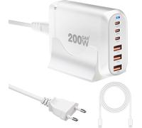 200W Multi USB C Charger, 6 Ports GaN ¿ Fast Charger, Desktop USB C Charging Dock, PD+QC Compatible with iPhone iPad Samsung MacBook Laptop, White with 100W 1.5m USBC Cable