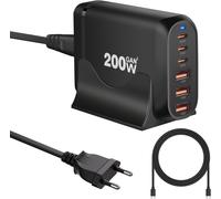 200W Multi USB C Charger, 6 Ports GaN ¿ Fast Charger, Desktop USB C Charging Dock, PD+QC Compatible with iPhone iPad Samsung MacBook Laptop, Black with 100W USBC Cable 1.5m