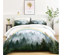 200x200 cm Couette Imprimée Réversible Nature Arcs-en-Ciel Forêts Brume Vert, 4 Saisons, 350G Légère et Chaude, Couette avec 2 Taies d'oreiller 65x65cm, Lavable en Machine
