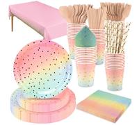 201 Pièces Service De Table Rose, Ceiliwen Service De Table Jetable Comprenant Nappe, Assiettes En Papier 9'' & 7'', Gobelet, Serviette, Paille, Couverts En Bois, Severs 25