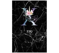 2019 Diary Planner: January To December 2019 Diary Planner Colorful Unicorn Horn & Flowers Monogram With Initial "X" On Black Marble.