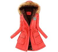 2019 Hiver Manteau Long Femmes Chaud, Veste Col Capuche Fourrure Fausse Manteaux Chaud Slim Blouson Manteaux Vintage Mode Chic (pastèque Rouge, 2XL)