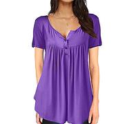 2021 Hauts Ample D'été pour Femmes col en V Mode Manches Courtes Lâche Tee Shirt avec Boutons Casual Grande Taille Chemise Couleur Unie Tunique Top Shirt (Violet, 3XL, 3X_l)