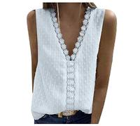 2021 Nouveau Tee Shirt Dentelle Col en V Femme, Chemise sans Manches Blouse Sexy Tunique Haut Femme ChicTendance Top Caraco Debardeur Dentelle (Blanc, M)