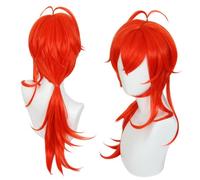 2022 Anime Game Cosplay Perruque de Cosplay for Genshin Impact Diluc, Cheveux bouclés rouges Ponynailleuse Cheveux Modeling Modeling Dress Up Perruque, Cheveux synthétiques résistants à la chaleur Num
