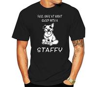 2022 Fashion Feel Safe at Night Sleep WTHA Staffy Dog Cartoon Cute Print Cotton Casual o-Neck Short Sleeve t-Shirt Black Manches Courtes(3X-Large)