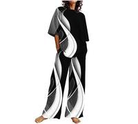 2023 Ensemble en Coton Lin Femme 2 Pieces Été Pantalons Costume Chic et Elegant Deux Pièces Haut et Pantalon Large Lâche Impression Vintage Décontracté Outfits Set Survêtement Suit Pas Cher
