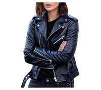 2023 Manteau Femme Veste en Cuir Zipper Courte Moto Biker Blazer Vintage Manches Longues Couleur Unie Mode Blousons Fermeture Éclair Grande Taille Printemps Automne