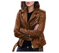 2023 Manteau Femmes Veste Cuir Zipper Veste Courte en Cuir Moto Biker Blazer Vintage Manches Longues Couleur Unie Mode Blousons Fermeture éclair Femme Grande Taille Veste Cuir Printemps Automne