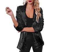 2023-Nouveau - Blazer à paillettes décontracté à manches longues pour femme avec revers brillant, Noir , S