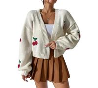2023 Nouveau Cardigan tricoté Ouvert sur Le Devant pour Femmes d'automne et d'hiver Jacquard Cerise Pull Ample à Manches Longues Pull Court Cardigan-Blanc-L