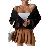 2023 Nouveau Cardigan tricoté Ouvert sur Le Devant pour Femmes d'automne et d'hiver Jacquard Cerise Pull Ample à Manches Longues Pull Court Cardigan-Noir-M