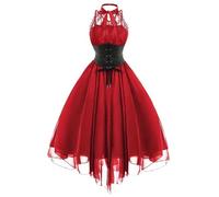 2023 Nouveau Vintage Gothique Foncé Dos Nu Robes Punk À Lacets Taille Haute Femmes Vêtements Victorien Ball Bown Rock Corset Robe-Rouge-M