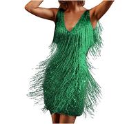 2023 Robe Femme Paillettes Samba Tango Latin avec Gland Sexy Party Club de Danse sans Manches Bretelles Spaghetti Dos Nu Glitter Mini Costume de Danse Cocktail du Soir
