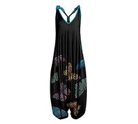 2023 Salopette Coton Lin Femme Combinaison Combi Pantalon Femme Chic et Élégant Jambe Large Pas Cher Décontractée Fluide Grande Taille Boho Imprimé Vintage Poches sans Manches Leger Plage Jumpsuit