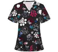 2024 Blouse Medicale Femme Blouse de Travail Manches Courtes Blouse de Soignant Garde-Malade Uniforme Haut avec Deux Poches Animale Col en V Pas Cher Grande Taille Vêtements de Travail