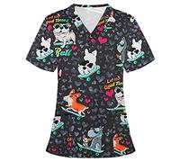 2024 Blouse Medicale Femme Blouse de Travail Manches Courtes Blouse de Soignant Garde-Malade Uniforme Haut avec Deux Poches Animale Col en V Pas Cher Grande Taille Vêtements de Travail