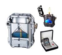 2024 Briquet Trench Cool Steampunk Briquet à kérosène avec lumière LED Bleue Briquet mécanique Transparent Forme Cadeau Unique (Pas de Carburant Inclus)(Silver)