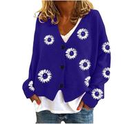 2024 Cardigan Femme à Manches Longues Mode Veste Courte Lâché Gilets en Tricot Imprimé Marguerites Chandail Chaud Imprimé Bouton Blouson Sweater Manteau Outwear Haut Top Pas Cher Cadeau Noël